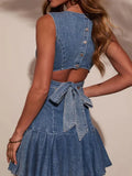 Pleated Tie Back Denim Dress - Greige Goods