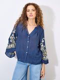Paisley Embroidered Bell Sleeve Blouse - Greige Goods