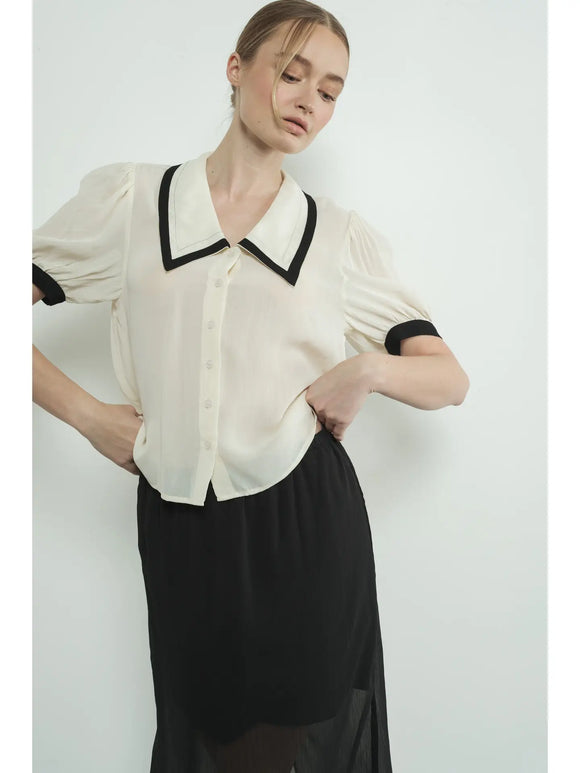 Contrast Collar Blouse - Greige Goods