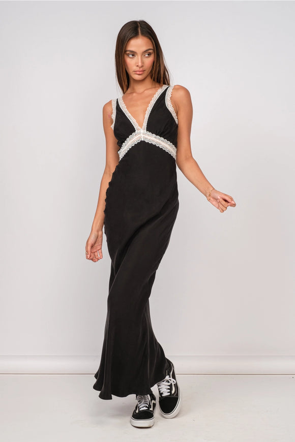 Lace On Plunging V-Neck Maxi Dress - Greige Goods