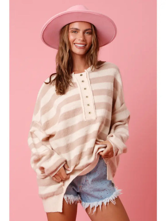 Oversized Button Down Striped Sweater - Greige Goods