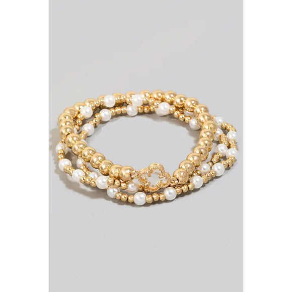 Clover Charm & Pearl Beaded Bracelet Set - Greige Goods