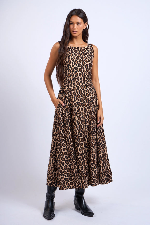 Cheetah U-Shape Boat Neck Midi Dress - Greige Goods