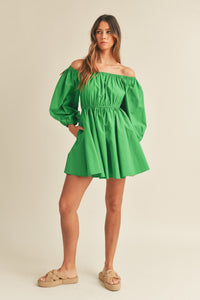 Off Shoulder Puff Sleeve Mini Dress - Greige Goods