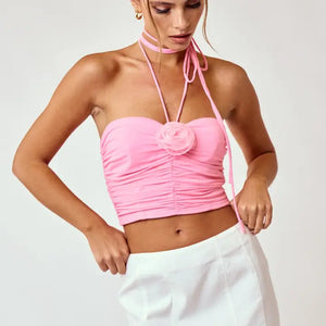 Strappy Ruching Floral Trim Top - Greige Goods