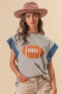 Football Patch Denim Sleeve Top - Greige Goods
