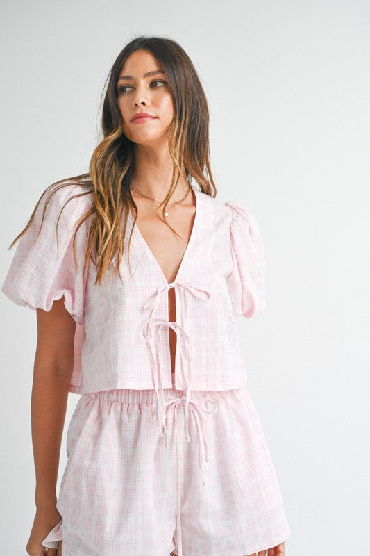 Bows and Plaid Blouse and Shorts Set - Greige Goods