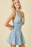 V Neck Halter Denim Mini Dress