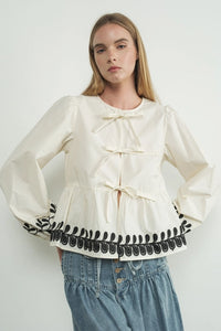 Embroidered Bow Tie Peplum - Greige Goods