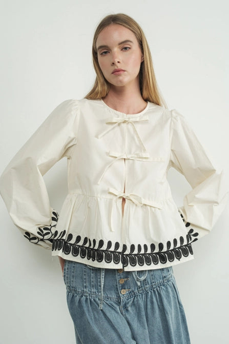 Embroidered Bow Tie Peplum - Greige Goods