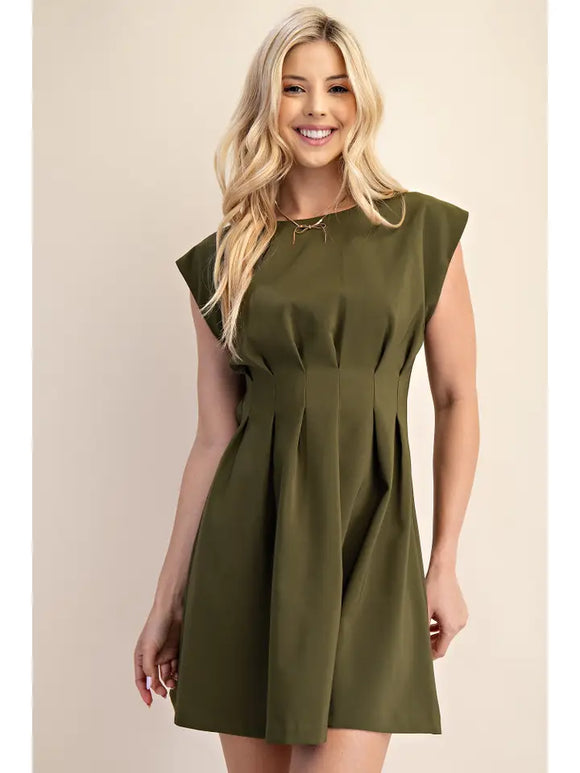 Round Neck Pleated Waist Mini