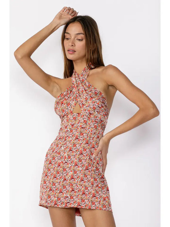 Floral Crossed Neck Halter Mini - Greige Goods
