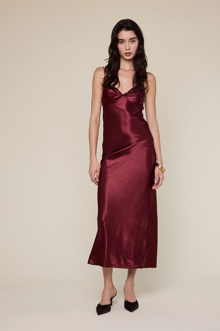 Satin Ruched Bust Midi Dress - Greige Goods