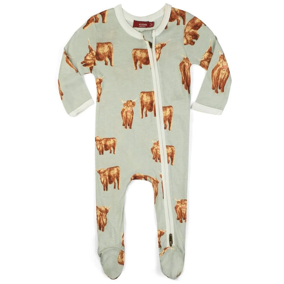 Highland Cow Zipper Footed PJ - Greige Goods