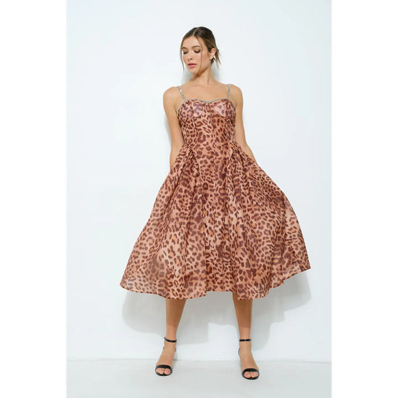 Leopard Print Rhinestone Midi Dress - Greige Goods