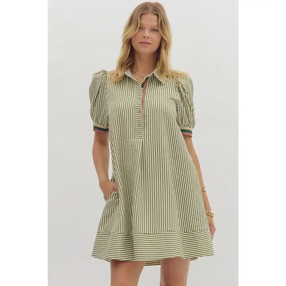 Striped Puff Sleeve Swing Dress