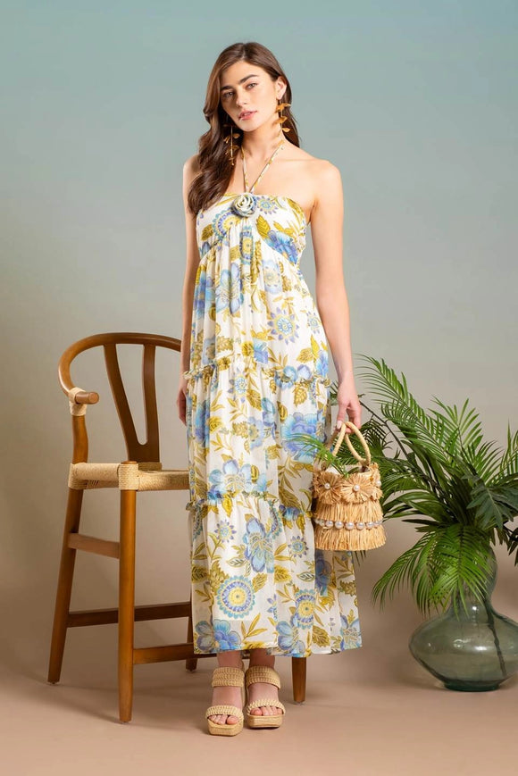Floral Rosette Halter Midi Dress - Greige Goods