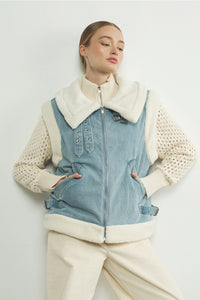 Denim Sherpa Mixed Vest - Greige Goods