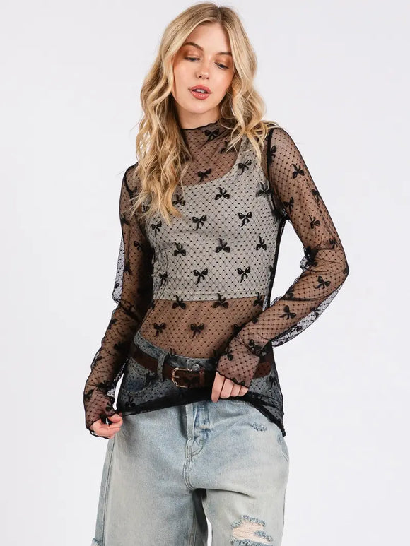 Bow Print Lace Top - Greige Goods