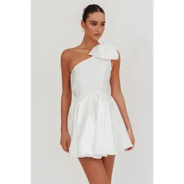 One Shoulder Bow Mini Dress - Greige Goods
