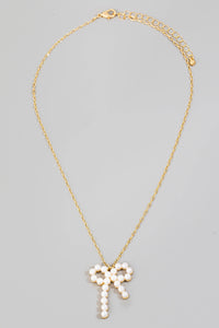 Solid Pearl Ribbon Bow Pendant Chain Necklace - Greige Goods