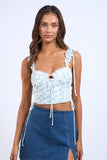 Floral Ruffle Tie Strap Corset Crop Top - Greige Goods