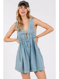 Pleated Tie Denim Romper