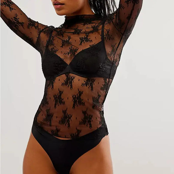 Floral Lace Mesh Top - Greige Goods