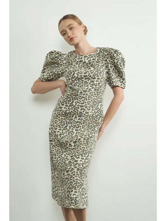 Animal Print Puff Sleeve Denim Midi - Greige Goods