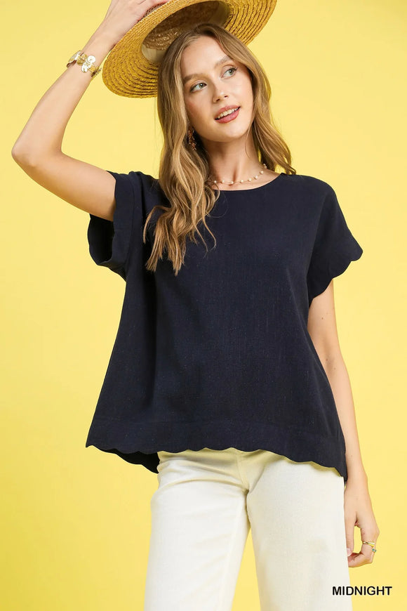 Scallop Linen Blend Top - Greige Goods
