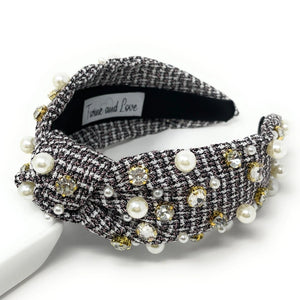 Sarah Plaid Jeweled Headband - Greige Goods