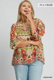 Curvy Girl Split Neck Print Top - Greige Goods