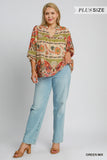 Curvy Girl Split Neck Print Top - Greige Goods
