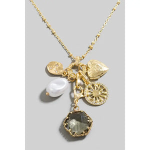 Pearl Heart Locket and Gem Charm Chain - Greige Goods