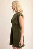 Round Neck Pleated Waist Mini