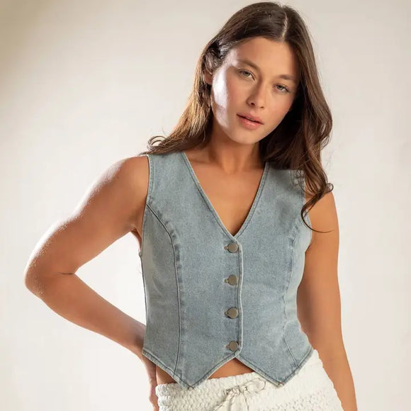Denim Button Front Vest - Greige Goods