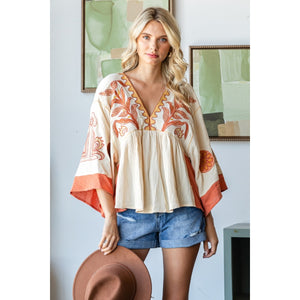 Vintage Embroidery Patch Gauze Top - Greige Goods