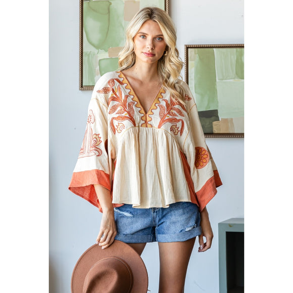 Vintage Embroidery Patch Gauze Top - Greige Goods