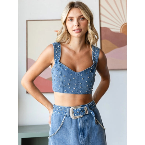 Rhinestone Denim Tank - Greige Goods