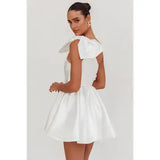 One Shoulder Bow Mini Dress - Greige Goods