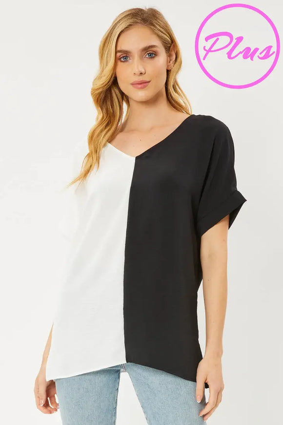 Curvy Girl V-Neck Colorblock Blouse - Greige Goods