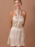 Pleated Halter Neck Mini Dress - Greige Goods