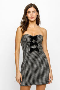 Houndstooth Strapless Mini Dress - Greige Goods
