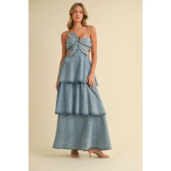 Denim Flower Sleeveless Maxi Dress