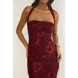 Halter Neck Floral Embroidery Midi Dress