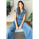 Denim Button Down Sleeveless Jumpsuit - Greige Goods