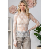 Lace Long Sleeve See Through Top - Greige Goods
