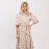 Polka Dot Printed Button Down Midi Dress - Greige Goods