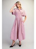 Striped Dolman Sleeve Pleated Midi Dress - Greige Goods