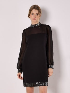 Sequin Trim LS Dress - Greige Goods